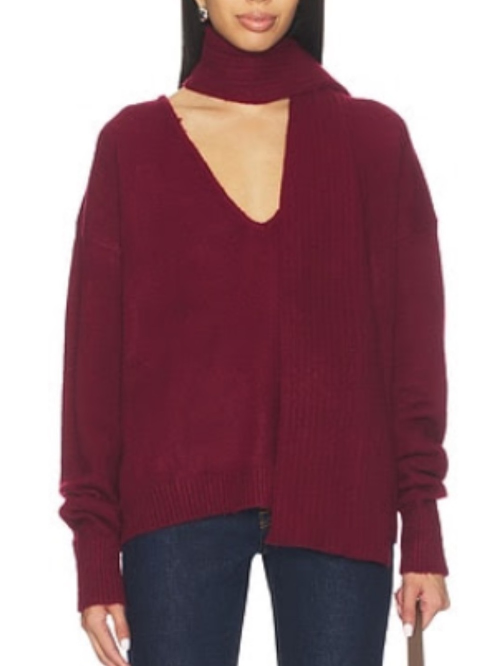 Women's Burgundy V-Neck Knit Sweater with Scarf Detail